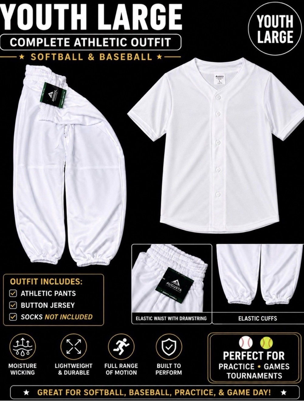 NWT Augusta Pro Sportswear Youth Boys M/L Baseball Or Golf Jersey Set